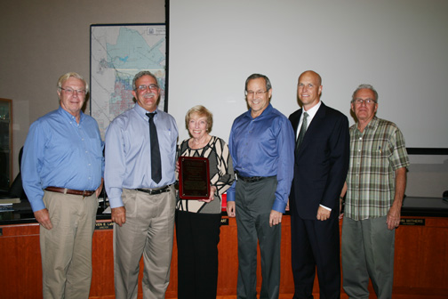 Receiving the Outstanding Energy Management Award for IRWD are Board Member Peer Swan; Ray Bennet, Water and Energy Resource Planner; Board President Mary Aileen Matheis; Board Member Steve La Mar; General Manager Paul Cook and Board Member Doug Reinhart. Not pictured, Board Member John Withers.